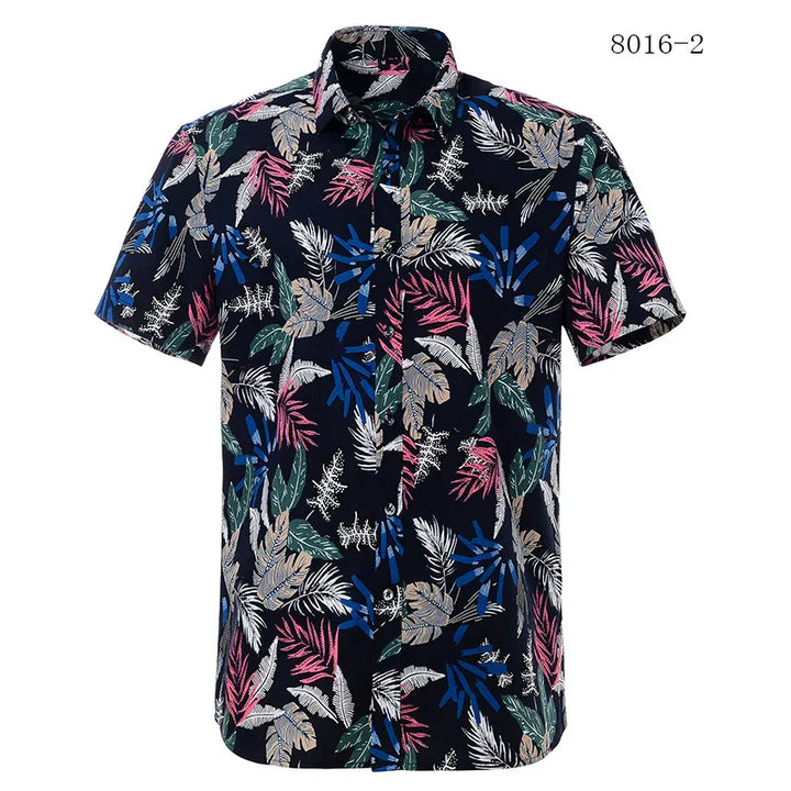 Men's short-sleeve button-up shirt with colorful tropical leaf print on black background