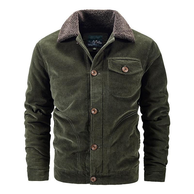 Men's green corduroy jacket with brown shearling collar and button-up front