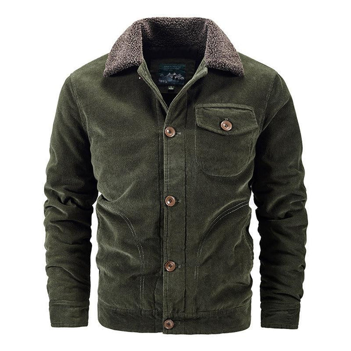Men's green corduroy jacket with brown shearling collar and button-up front