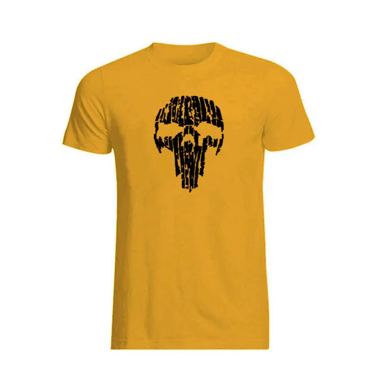Yellow T-shirt with black distressed skull graphic design on front