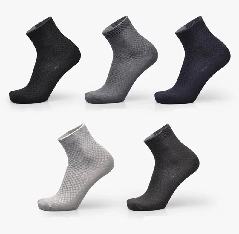Set of five ankle socks in black, dark gray, navy, light gray, and charcoal with checkered texture