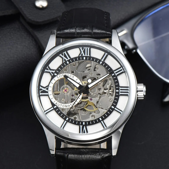 Luxury Longlux automatic skeleton watch with black leather strap and Roman numeral dial