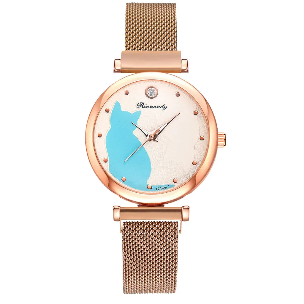 Rose gold mesh wristwatch with blue cat silhouette on white dial and crystal marker