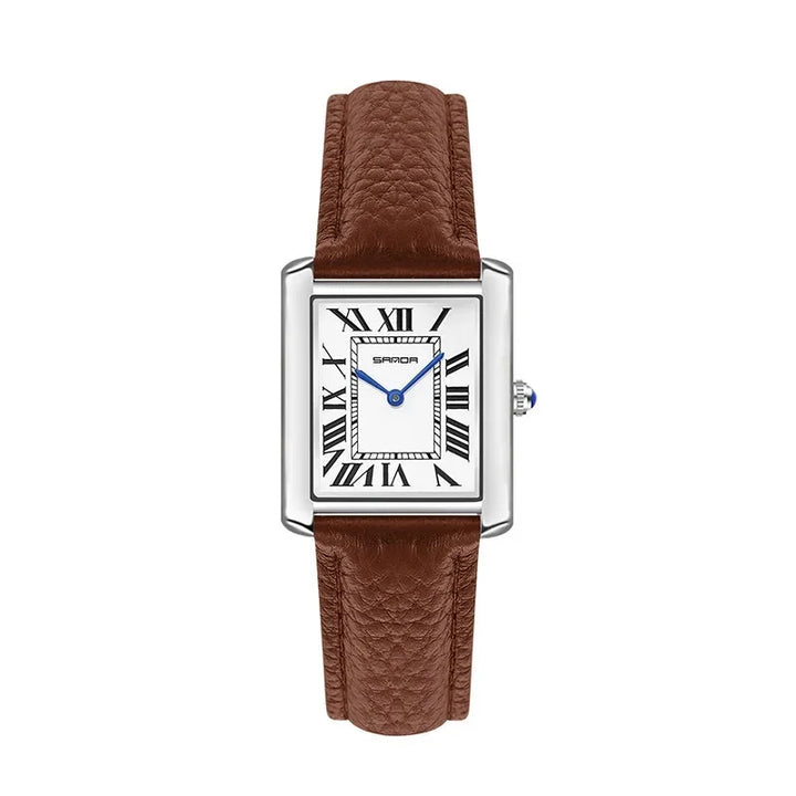 SMAOA rectangular silver watch with white dial, black Roman numerals, blue hands, and brown leather strap
