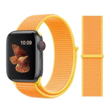 Smartwatch with 10:09 display and butterfly image, paired with bright orange woven fabric band