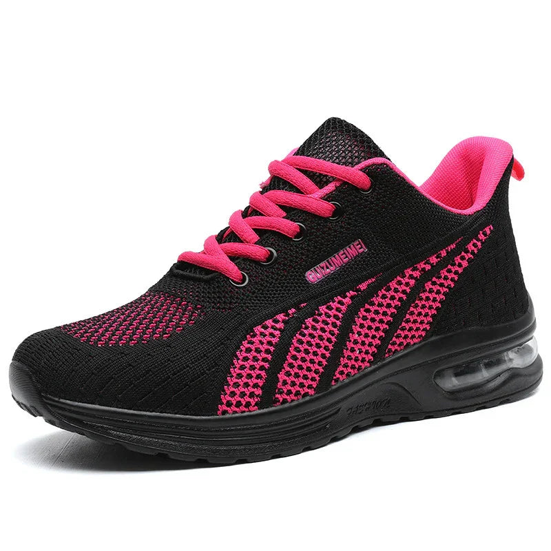 Black and pink breathable running sneaker with air cushion sole and pink laces