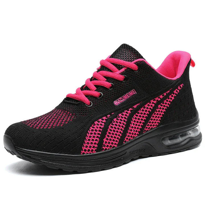 Black and pink breathable running sneaker with air cushion sole and pink laces
