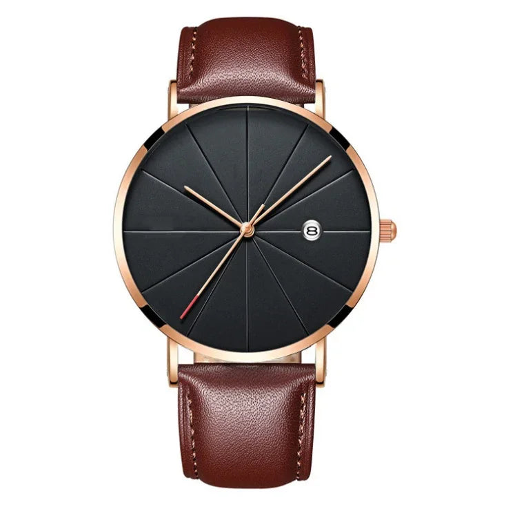 Elegant wristwatch with black textured dial, rose gold case, brown leather strap, and date display