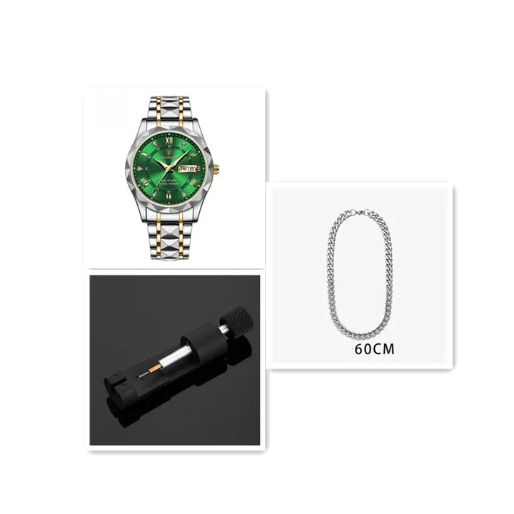 Silver and gold wristwatch with green dial, silver 60cm chain, and black watch repair tool