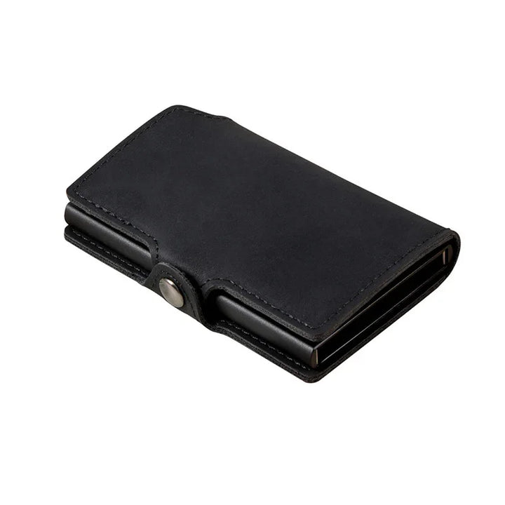 Black leather wallet with snap button closure on white background