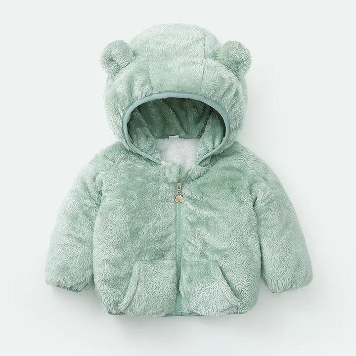 Soft green fluffy baby jacket with hood and bear ears, front zipper and pockets