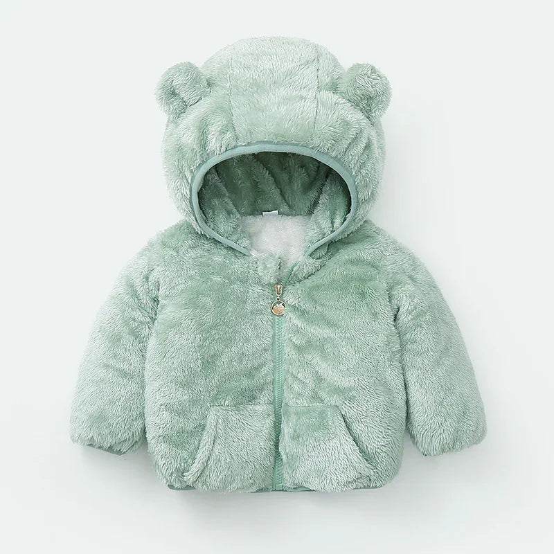 Soft fuzzy mint green baby jacket with hood and bear ears, front zipper, and pockets