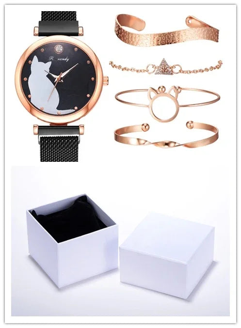Rose gold cat-themed watch with black mesh strap and matching rose gold bracelets in white gift box