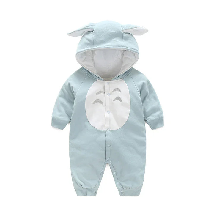 Light blue baby onesie with hood and bear ears, white chest patch, and snap buttons