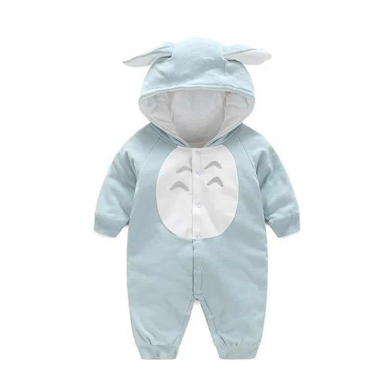 Light blue baby onesie with hood and animal ears, white belly patch with cute face design