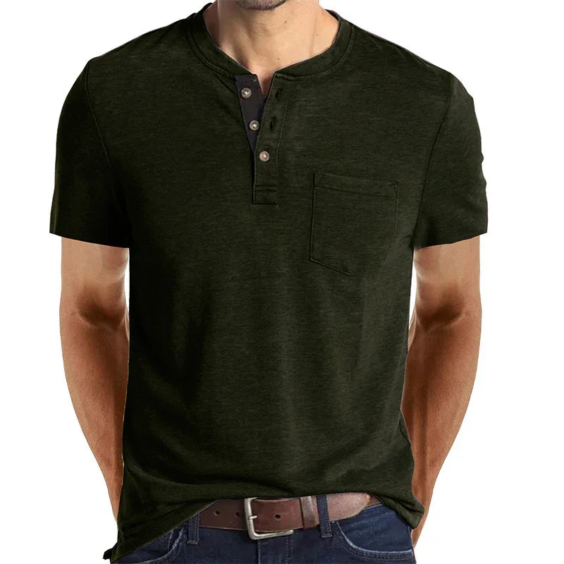 Men's olive green short sleeve henley t-shirt with chest pocket and button placket