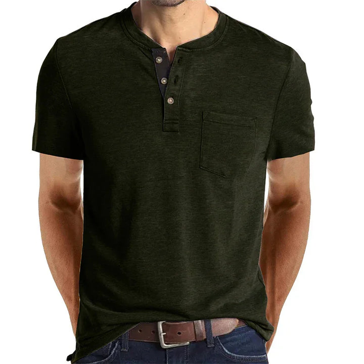 Men's olive green short sleeve henley t-shirt with chest pocket and button placket