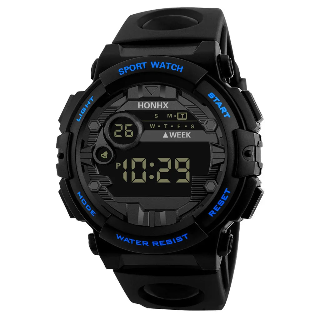 Black digital sport watch HONHX with water resist, blue button labels, and black rubber strap