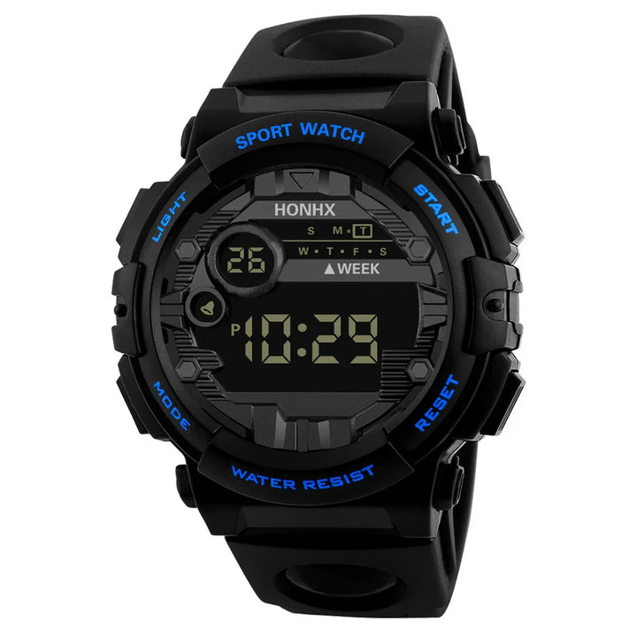 Black digital sport watch HONHX with water resist, blue button labels, and black rubber strap