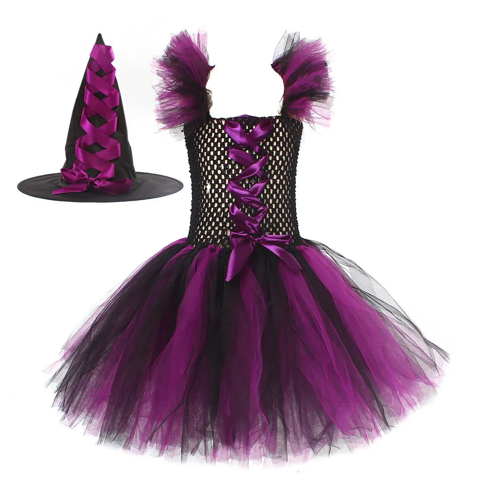 Purple and black witch costume dress with tulle skirt and matching witch hat with purple ribbon