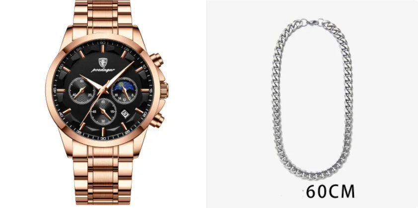 Rose gold chronograph men's wristwatch with black dial and 60cm silver chain necklace