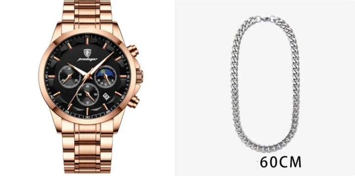 Rose gold chronograph men's wristwatch with black dial and 60cm silver chain necklace