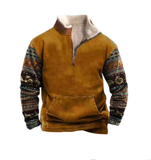 Brown fleece pullover with patterned Aztec-style sleeves and front pocket