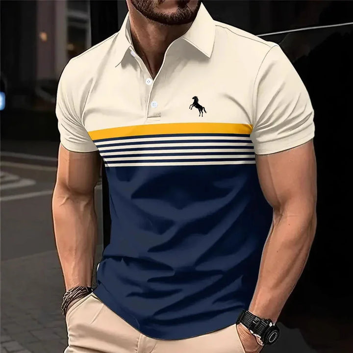 Muscular man wearing beige, navy blue, and yellow striped polo shirt with horse logo and beige pants