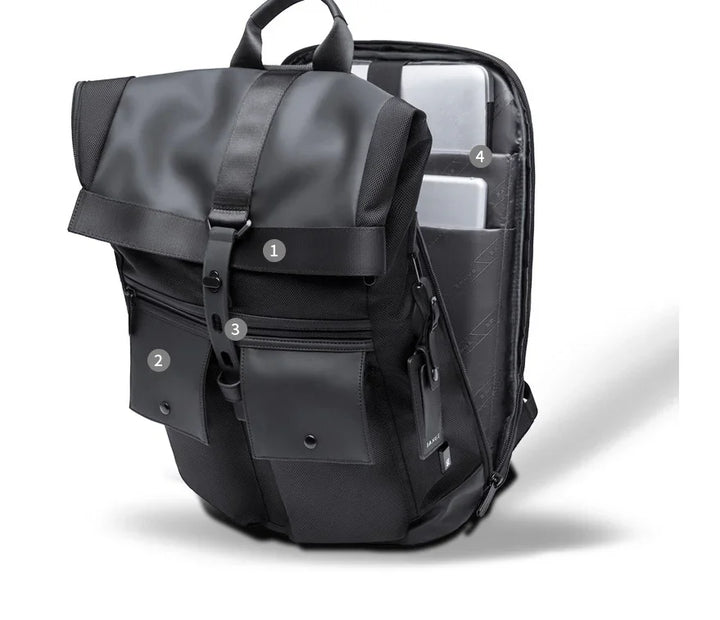 black backpack with roll-top design, front pockets, and padded laptop compartment holding two laptops