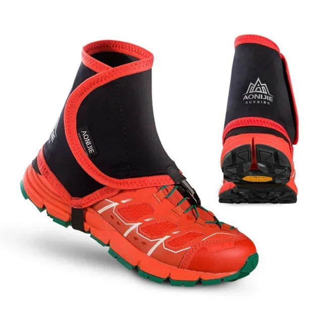 AONIJIE red and black running gaiters with durable sole and adjustable straps for outdoor sports