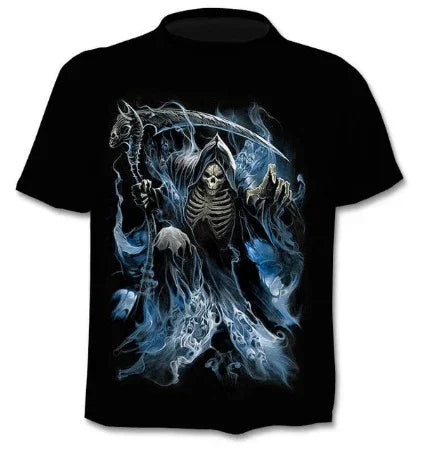 black t-shirt with blue and white grim reaper graphic holding scythe and skeletal hand