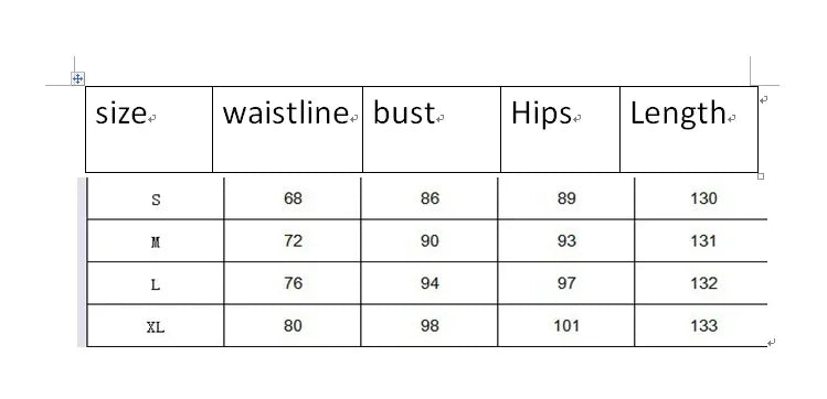 Size chart table with waistline, bust, hips, and length measurements for sizes S to XL