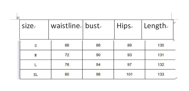 Size chart table with waistline, bust, hips, and length measurements for sizes S to XL