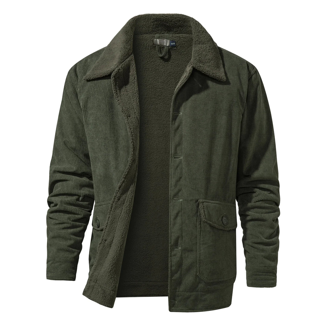 Men's olive green corduroy jacket with sherpa lining and flap pockets