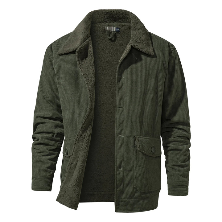 Men's olive green corduroy jacket with sherpa lining and flap pockets
