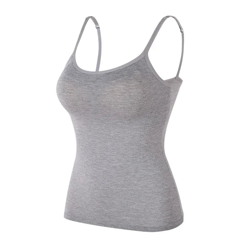 Grey women's spaghetti strap tank top with adjustable straps on white background