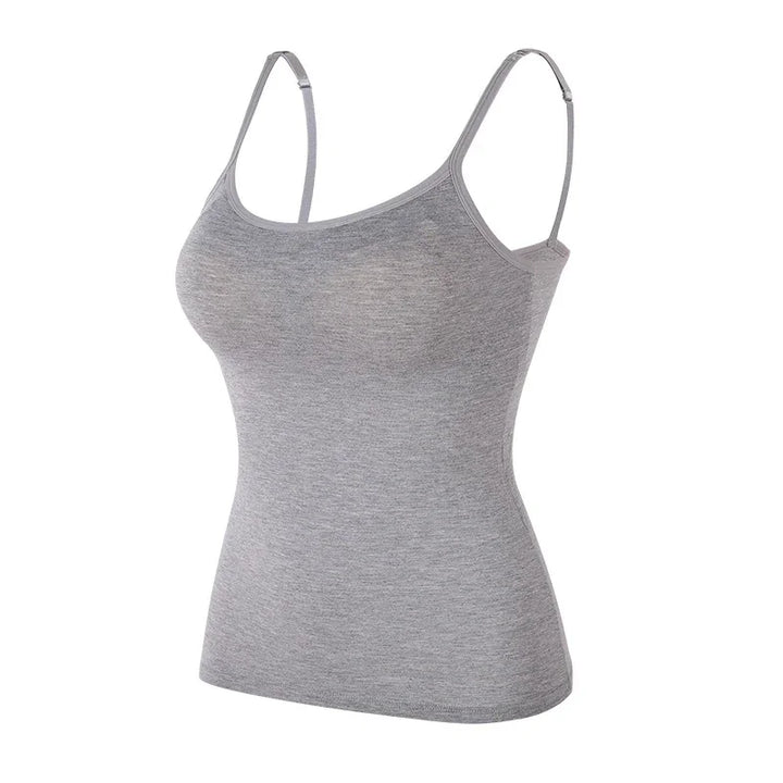 Grey women's spaghetti strap tank top with adjustable straps on white background
