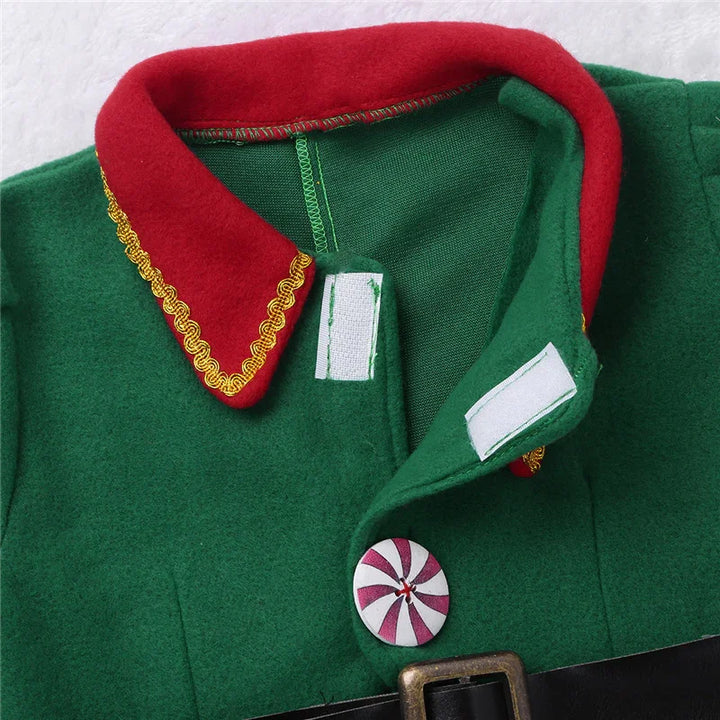 Green holiday jacket with red collar trimmed in gold, peppermint button, and black belt detail