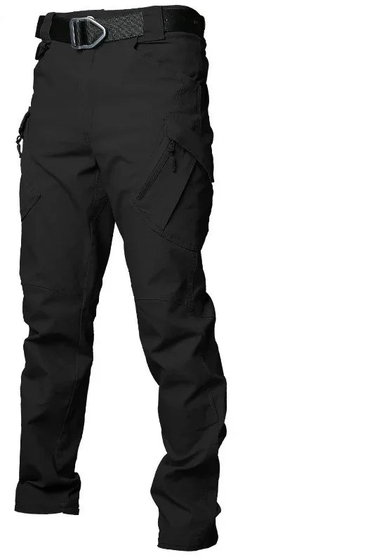 Black tactical cargo pants with multiple pockets and a black belt featuring a metal buckle