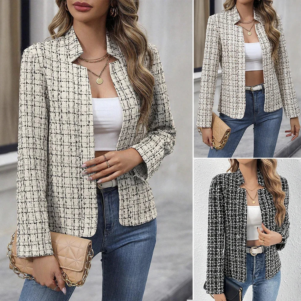 Women wearing checked tweed blazers in cream and black, paired with white crop tops and blue jeans