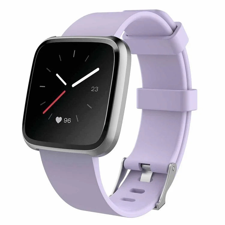 Square smartwatch with black face, heart rate 96, date 23, and lavender silicone band