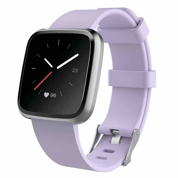 Square smartwatch with black face, heart rate 96, date 23, and lavender silicone band