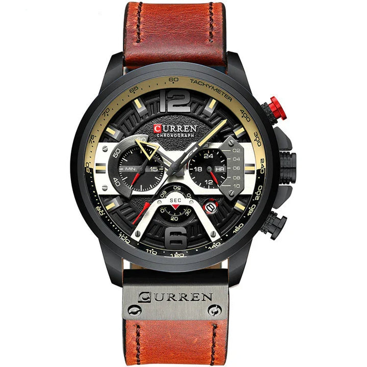 Curren chronograph wristwatch with black dial, tachymeter bezel, three subdials, red accents, and brown leather strap