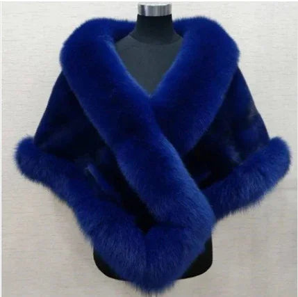luxurious royal blue fur shawl wrapped on mannequin with thick plush trim