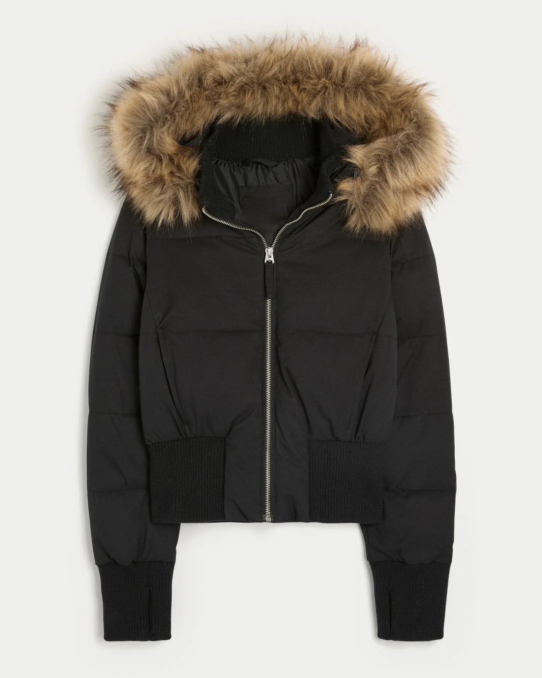 Black puffer jacket with faux fur hood trim and ribbed cuffs and waistband
