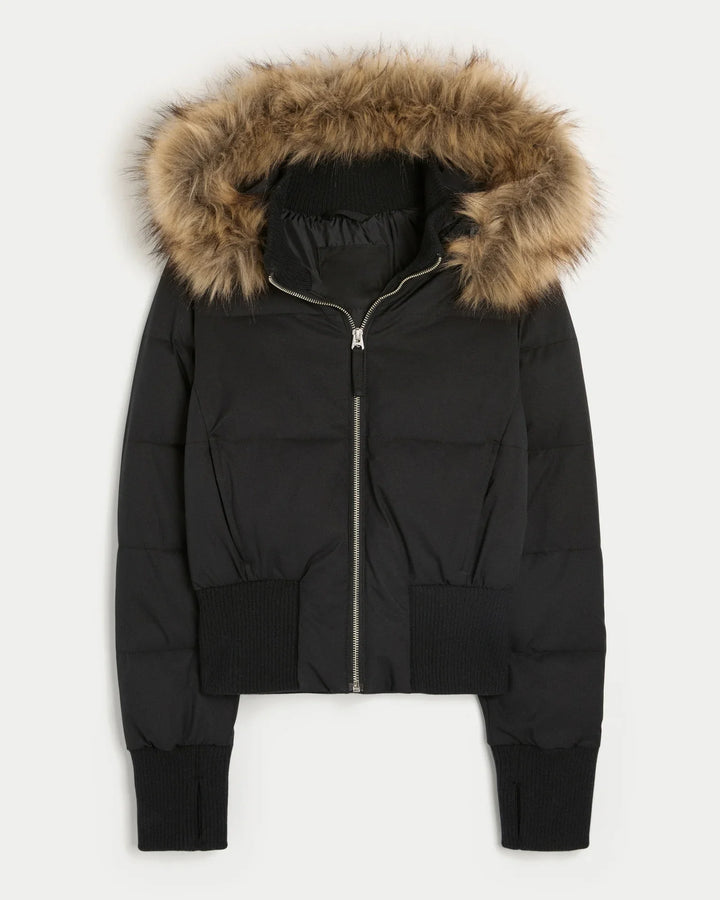 Black puffer jacket with faux fur hood trim and ribbed cuffs and waistband