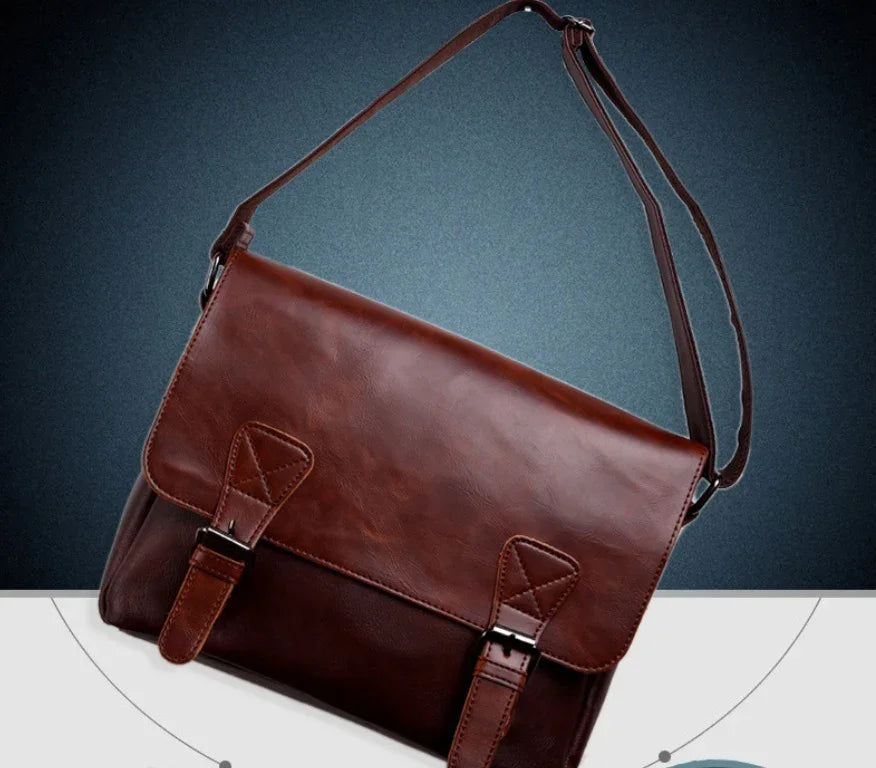 brown leather messenger bag with buckle straps and adjustable shoulder strap on dark background