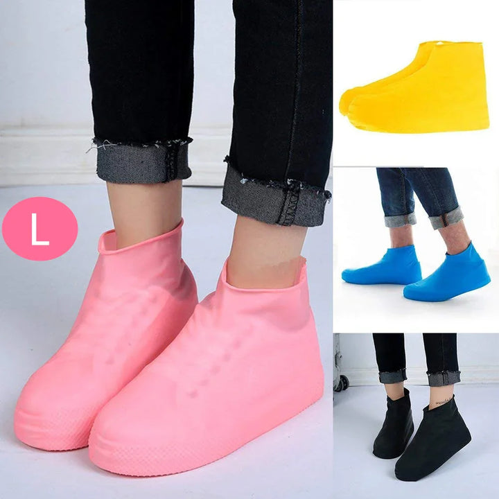 Waterproof silicone shoe covers in pink, yellow, blue, and black worn over pants