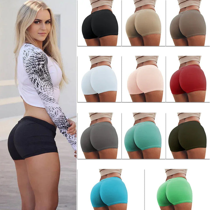 Blonde woman in black booty shorts and white patterned crop top next to collage of women's high-waisted shorts in 11 colors