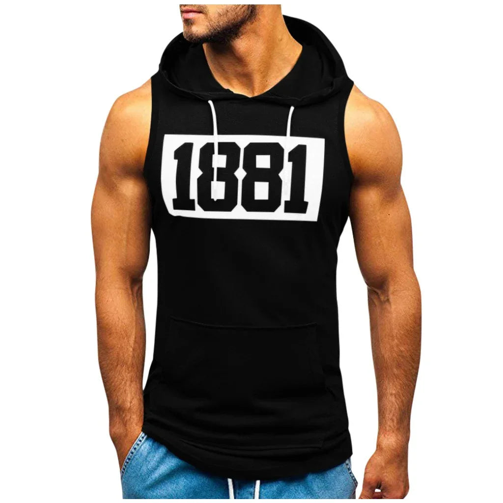 Muscular man wearing black sleeveless hoodie with white 1881 print and front pocket